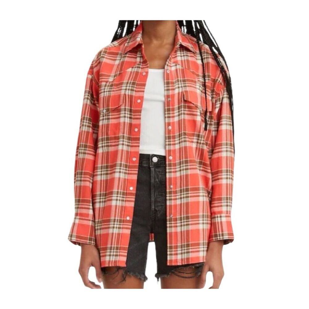 Levi’s Womens's Dylan Relaxed Fit Western Plaid Flannel Shirt Size Small New